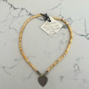 yellow heishi beads, Bali silver leaf, jade, Dalmatian jasper necklace